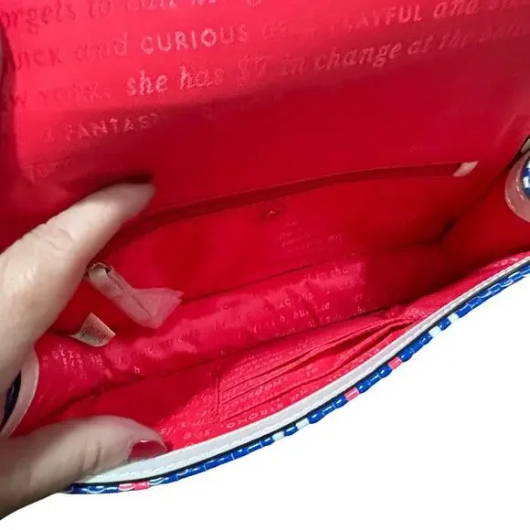 Kate spade clutch purse with dustbag blue white pink woven plaid front flap chic